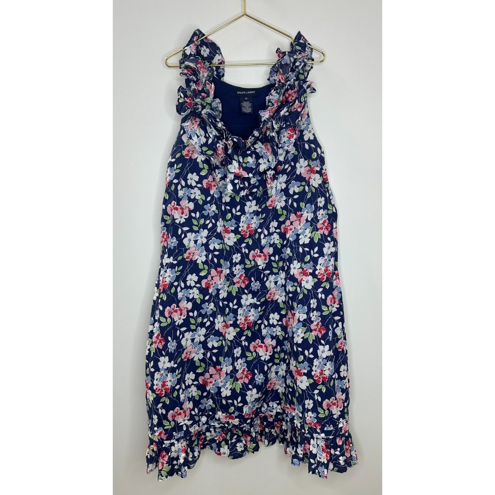 Ralph Lauren Girls Navy Blue Pink Floral Ruffle Cotton Sundress Size 16 Kids - Picture 11 of 11